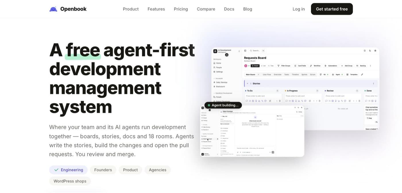 Openbook — An agent-first development management system — boards, stories and docs your team and its AI agents run together